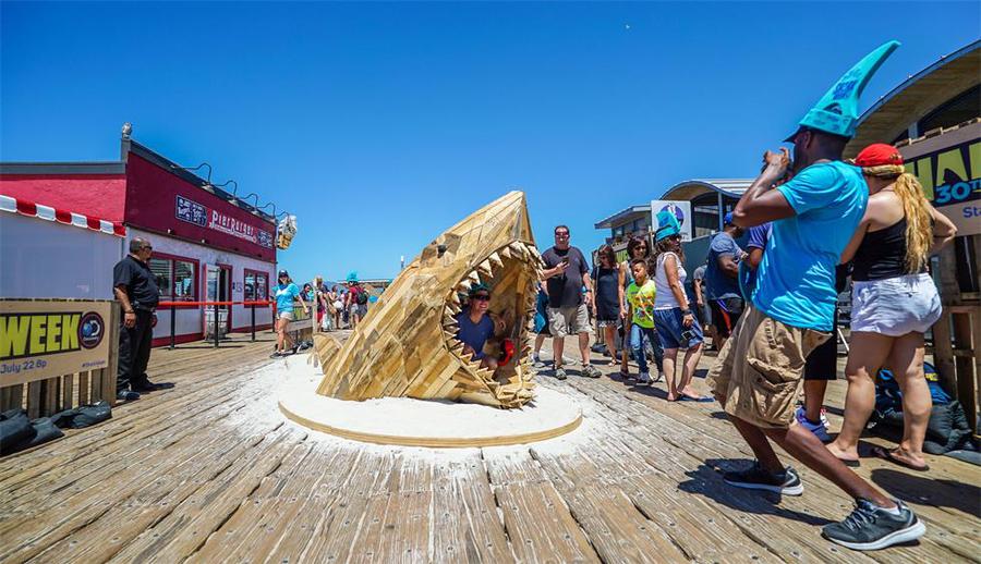 探索频道「鲨鱼周」30周年的推广活动策划了一场鲨鱼艺术装置