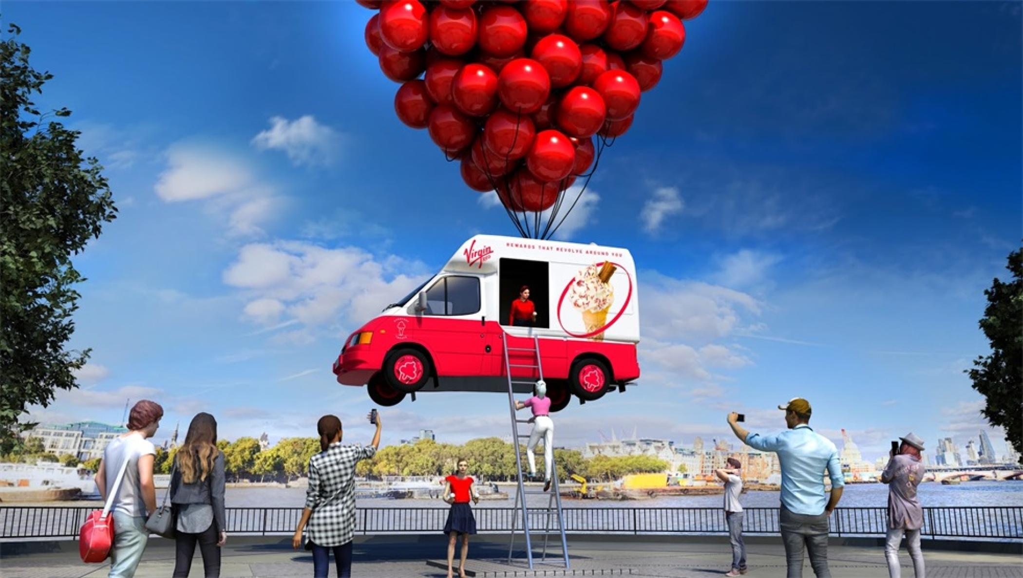 维珍红奖励APP发布活动策划把一辆冰淇淋车吊在了半空中