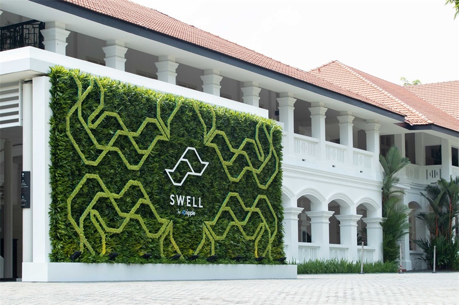 金融技术会议活动创新布景居然是舞台侧面的两组巨大的折纸纸鹤窗帘